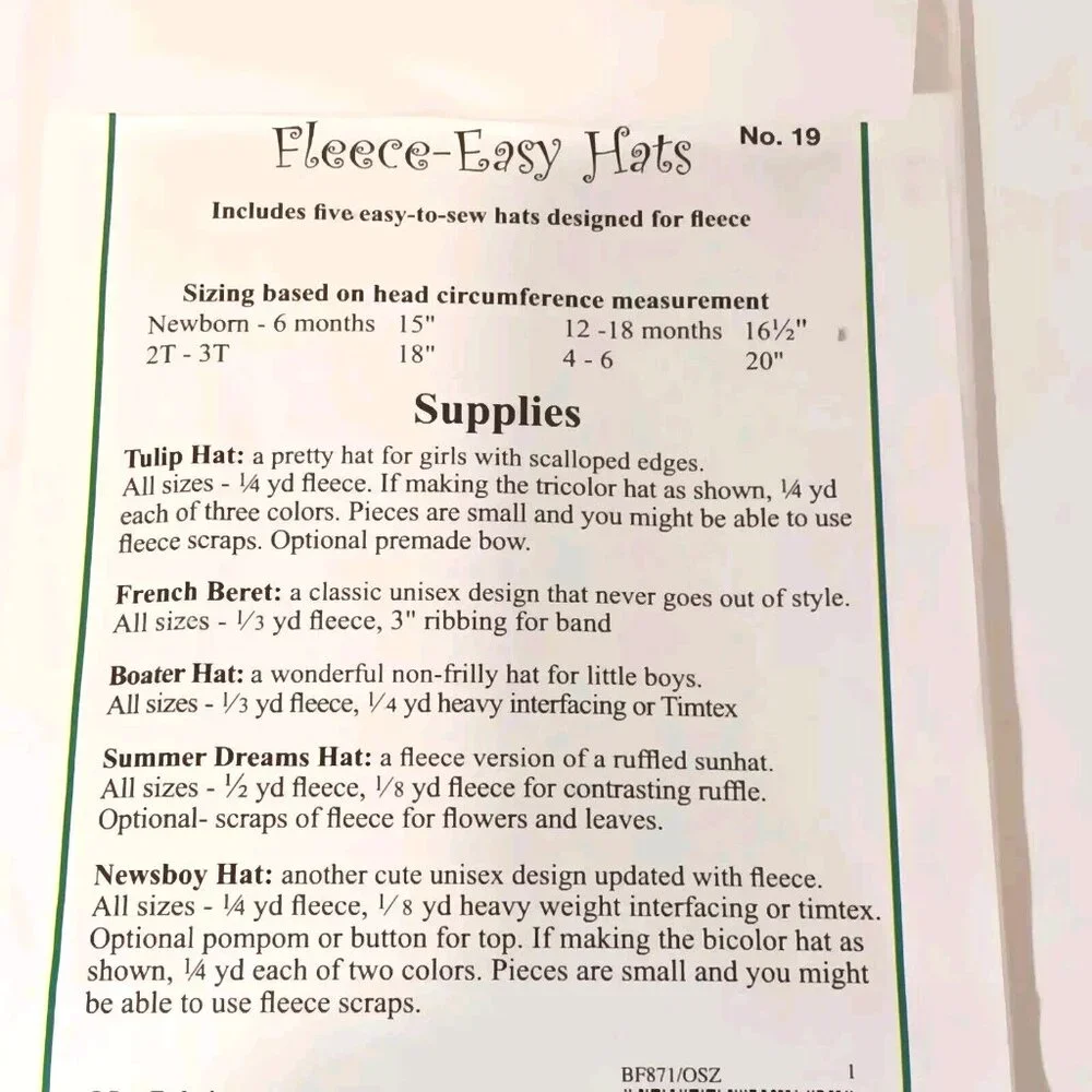 Sew Baby - Fleece - Easy Hats- Pattern‎ F871 -Uncut Newborn to Size 6 / 1998 VTG